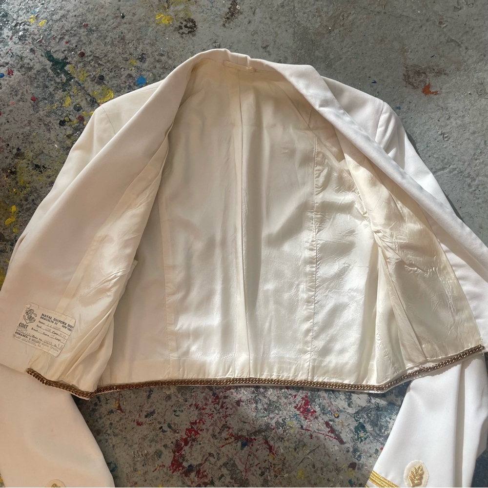 Vintage 1960s Naval Officer Cropped Jacket White Military Blazer Gold Button - Picture 5 of 7